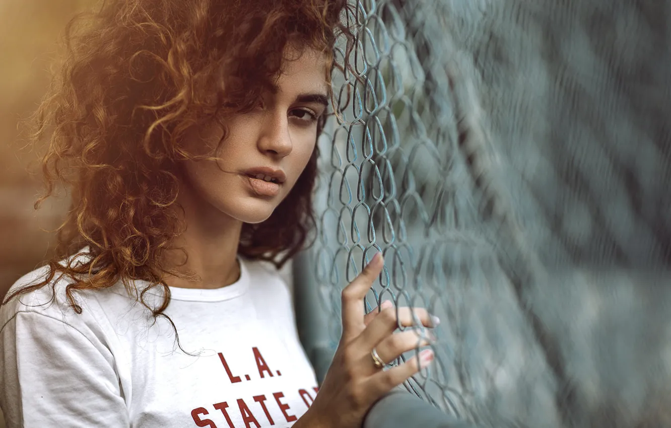 Photo wallpaper look, girl, mesh, brown hair, curls, Manthos Tsakiridis
