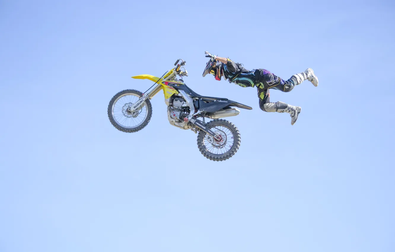 Photo wallpaper the sky, flight, maneuver, pilot, motocross, Superman, FMX, extreme sports