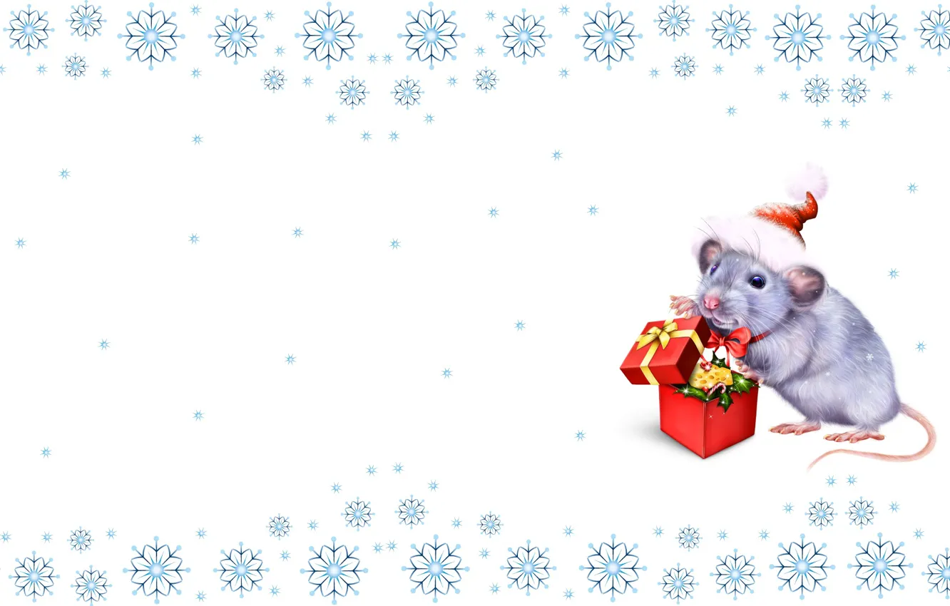 Photo wallpaper holiday, gift, mouse, art, New year, symbol, rat, snowflake