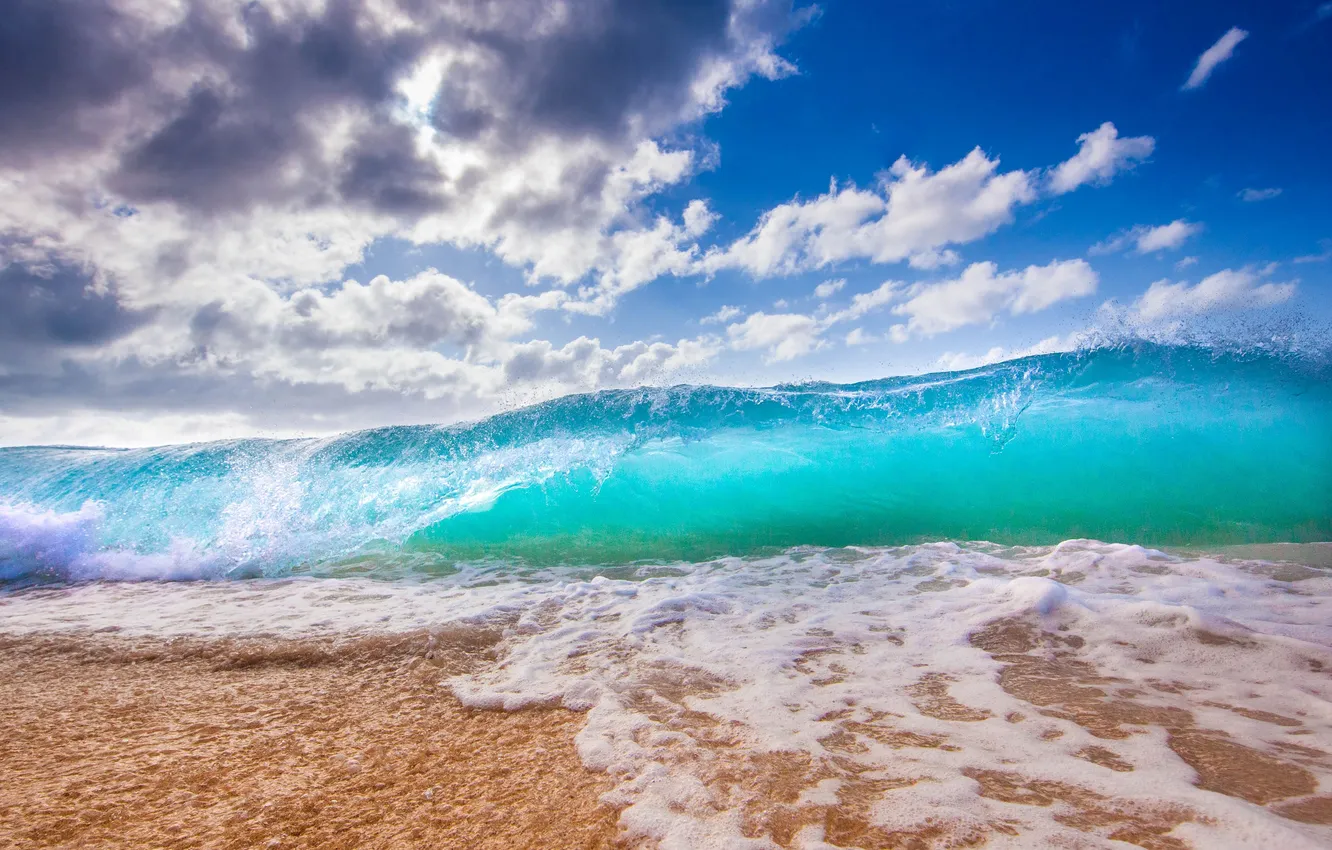 Photo wallpaper sand, wave, beach, the sky, water, clouds, landscape, nature