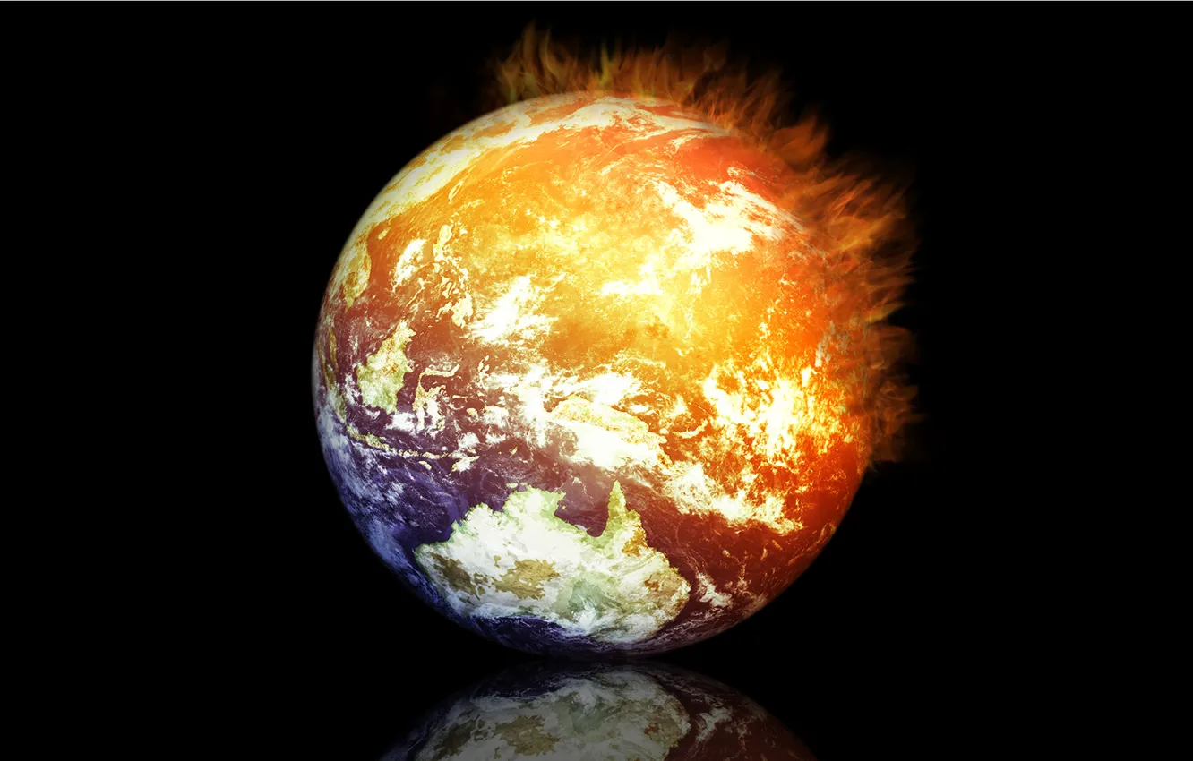 Photo wallpaper reflection, rendering, fire, earth, planet