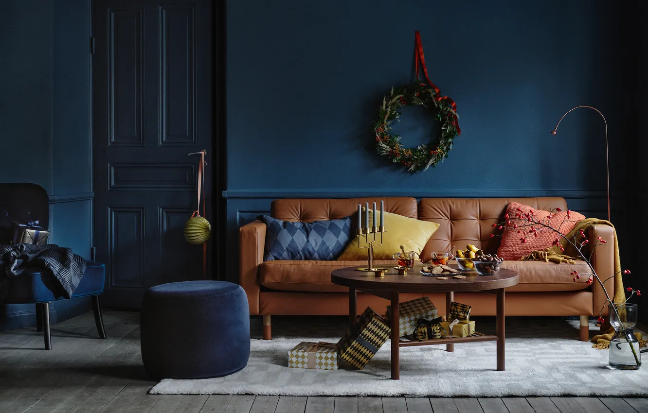 Photo wallpaper gift, style, room, interior, blue color in the interior, poof, living room, leather sofa
