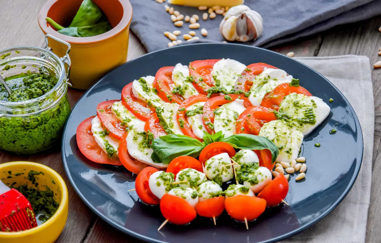 Photo wallpaper tomatoes, salad, Basil, Caprese, mozzarella, pesto