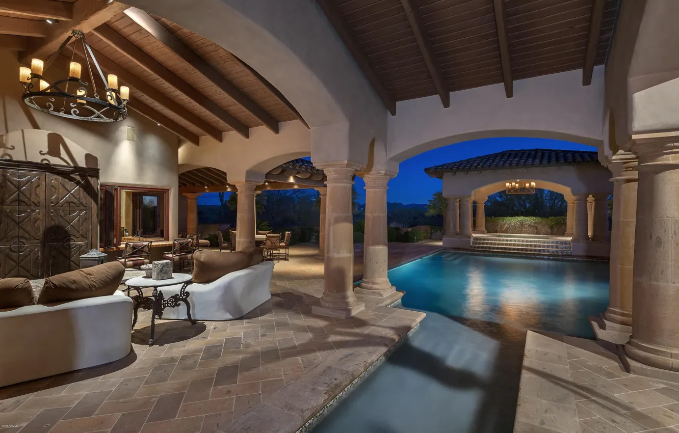 Photo wallpaper design, Villa, interior, pool, AZ, columns, terrace, Scottsdale