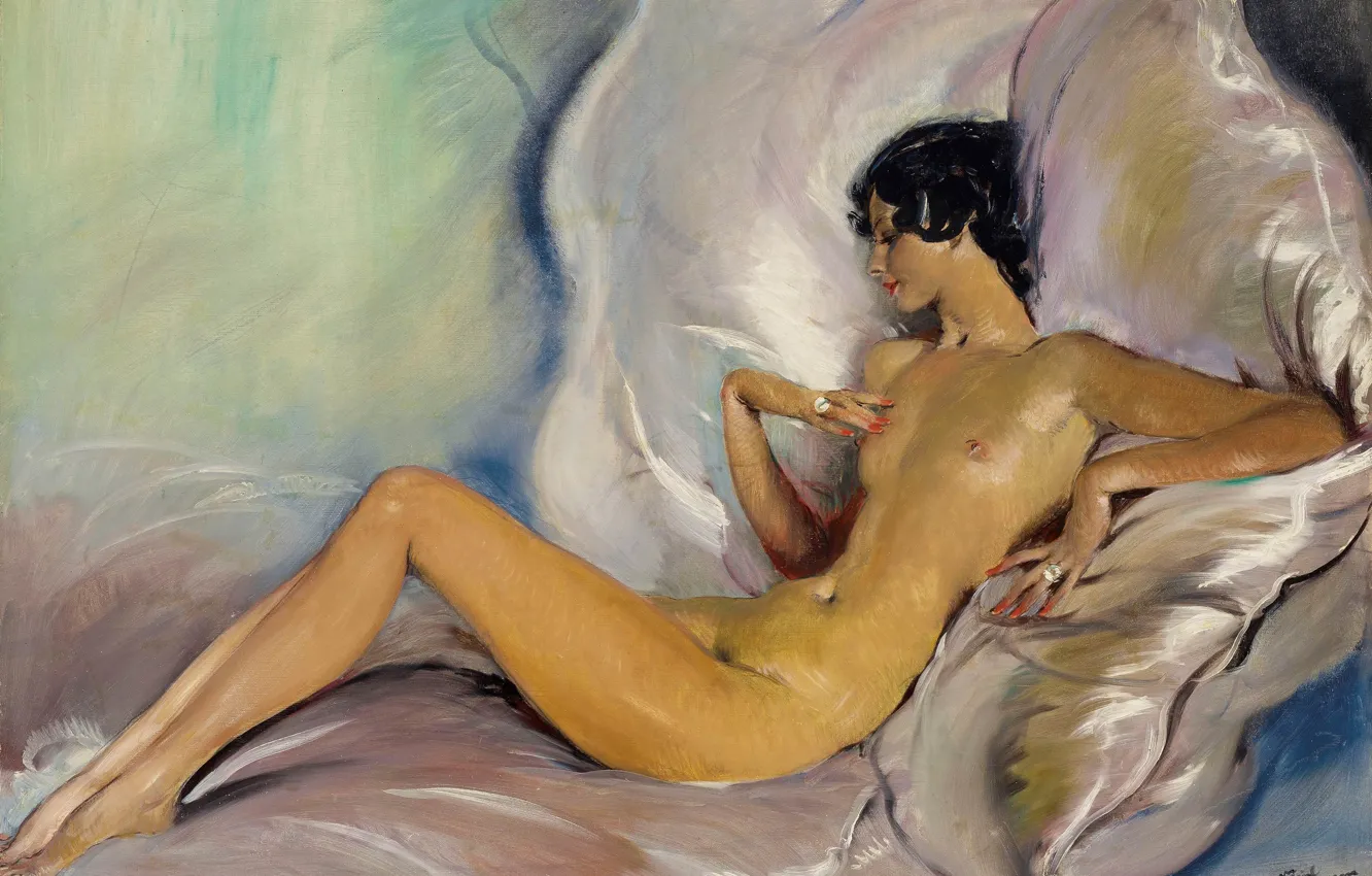 Photo wallpaper brunette, bed, Nude, nude, brunette, charm, bed, beautiful woman