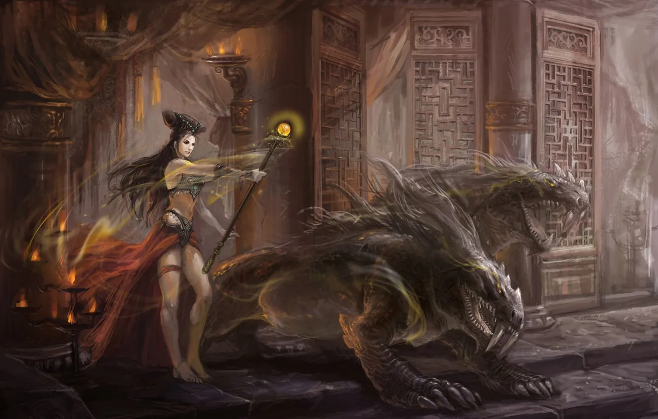 Photo wallpaper girl, balls, magic, monster, candles, art, staff