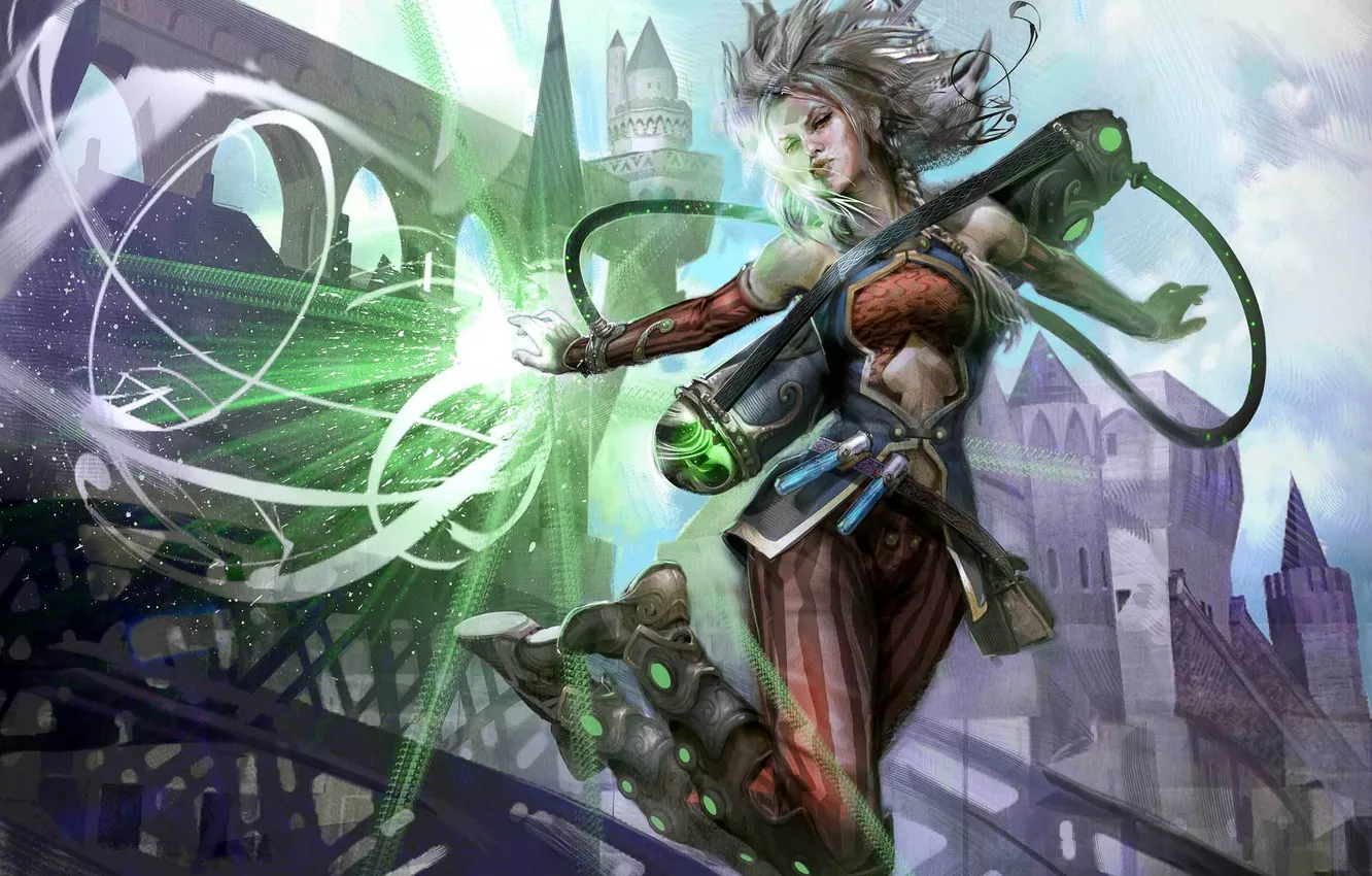 Photo wallpaper girl, the city, jump, magic, wire, art, bulb