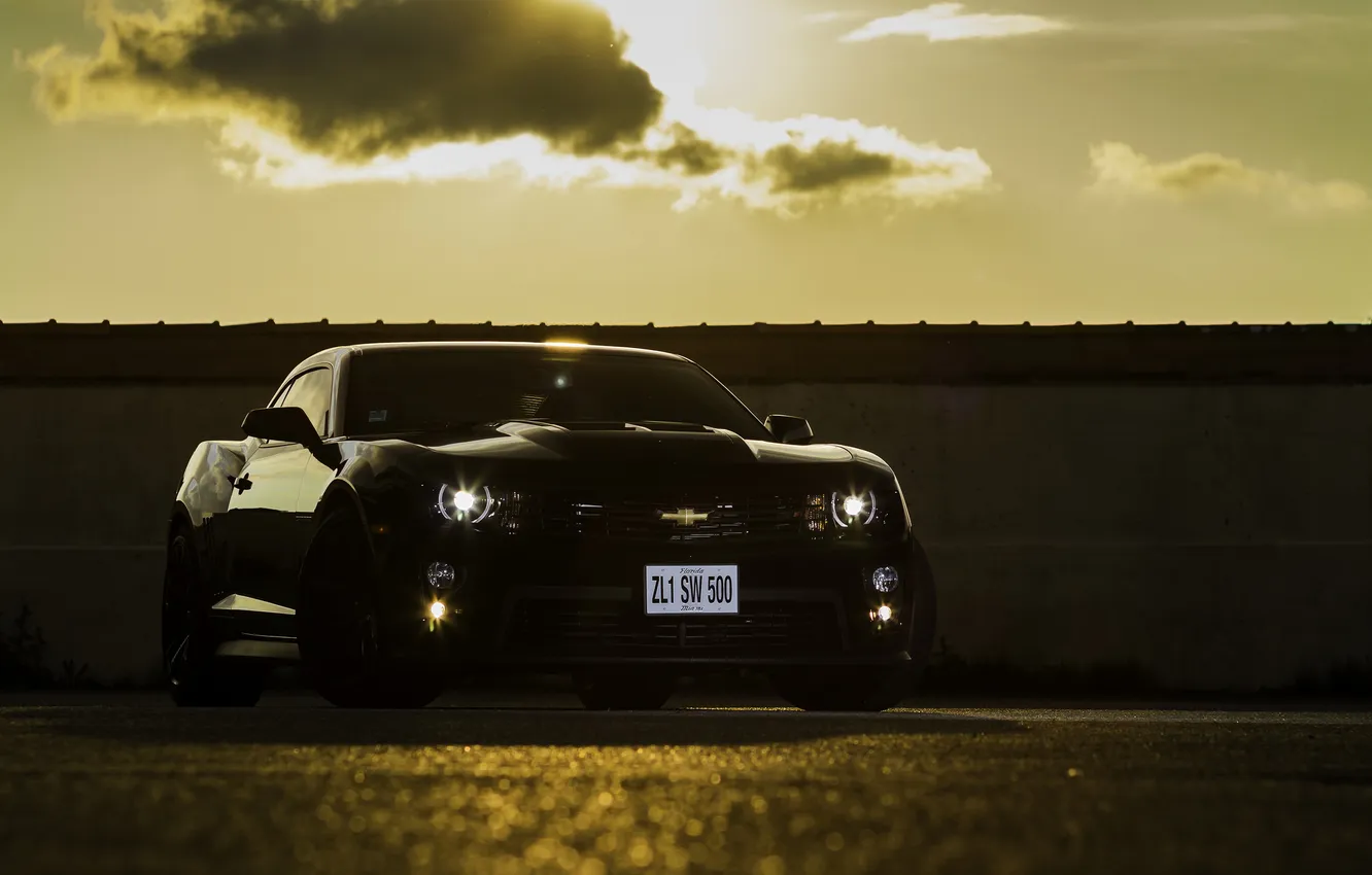 Photo wallpaper the sky, clouds, black, lights, Chevrolet, Chevrolet, black, the front