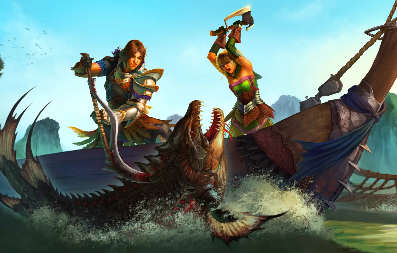 Photo wallpaper girl, river, boat, figure, fishing, fish, fisherman, braid