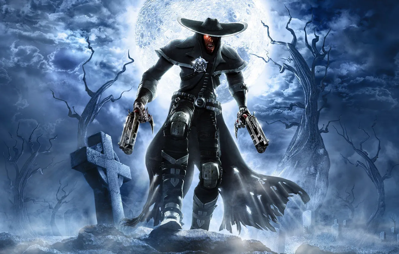 Photo wallpaper the moon, skull, cross, zombies, cemetery, trunk, gun, Darkwatch