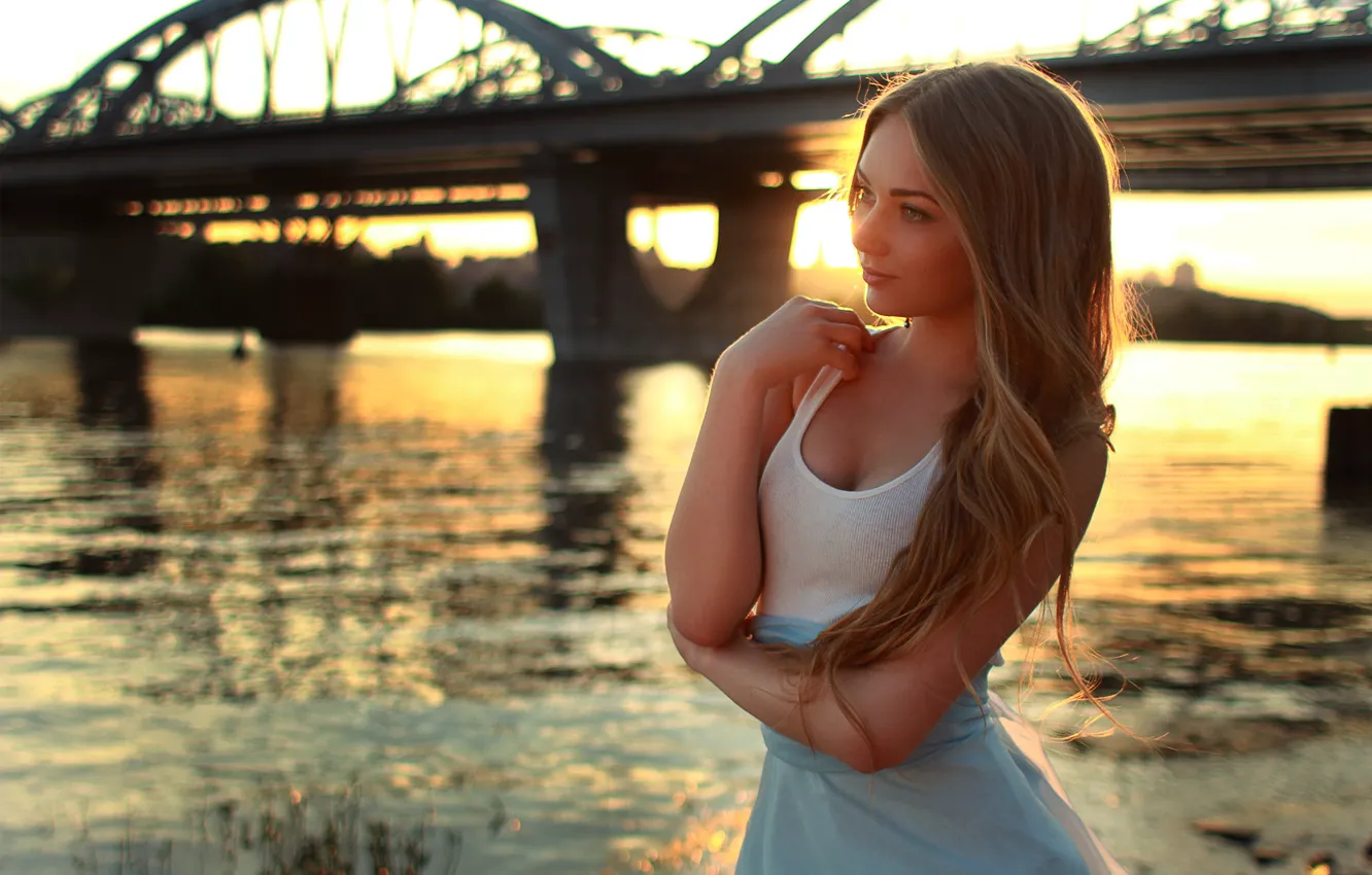 Photo wallpaper look, sunset, bridge, pose, smile, river, shore, Girl