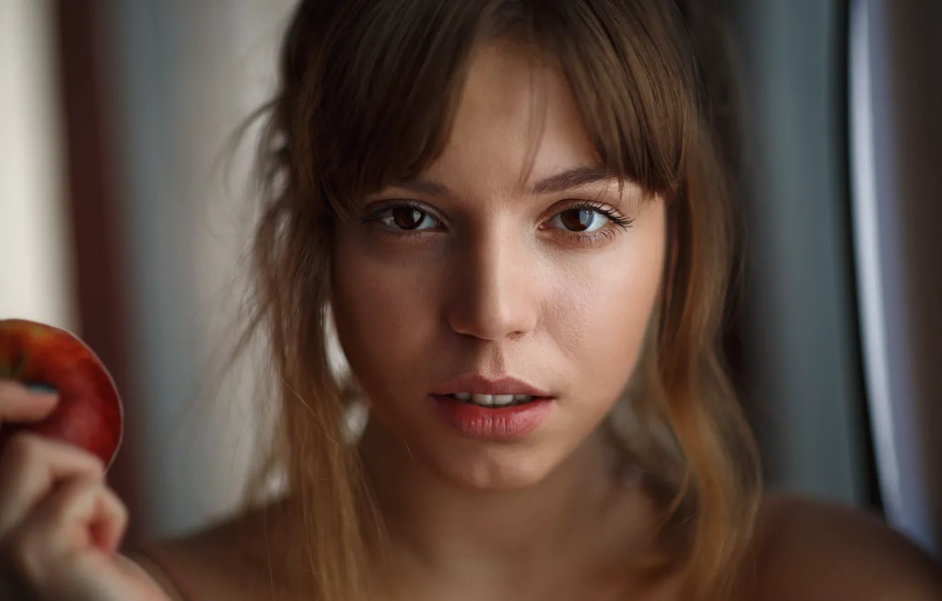 Photo wallpaper look, girl, close-up, face, apples, portrait, makeup, hairstyle