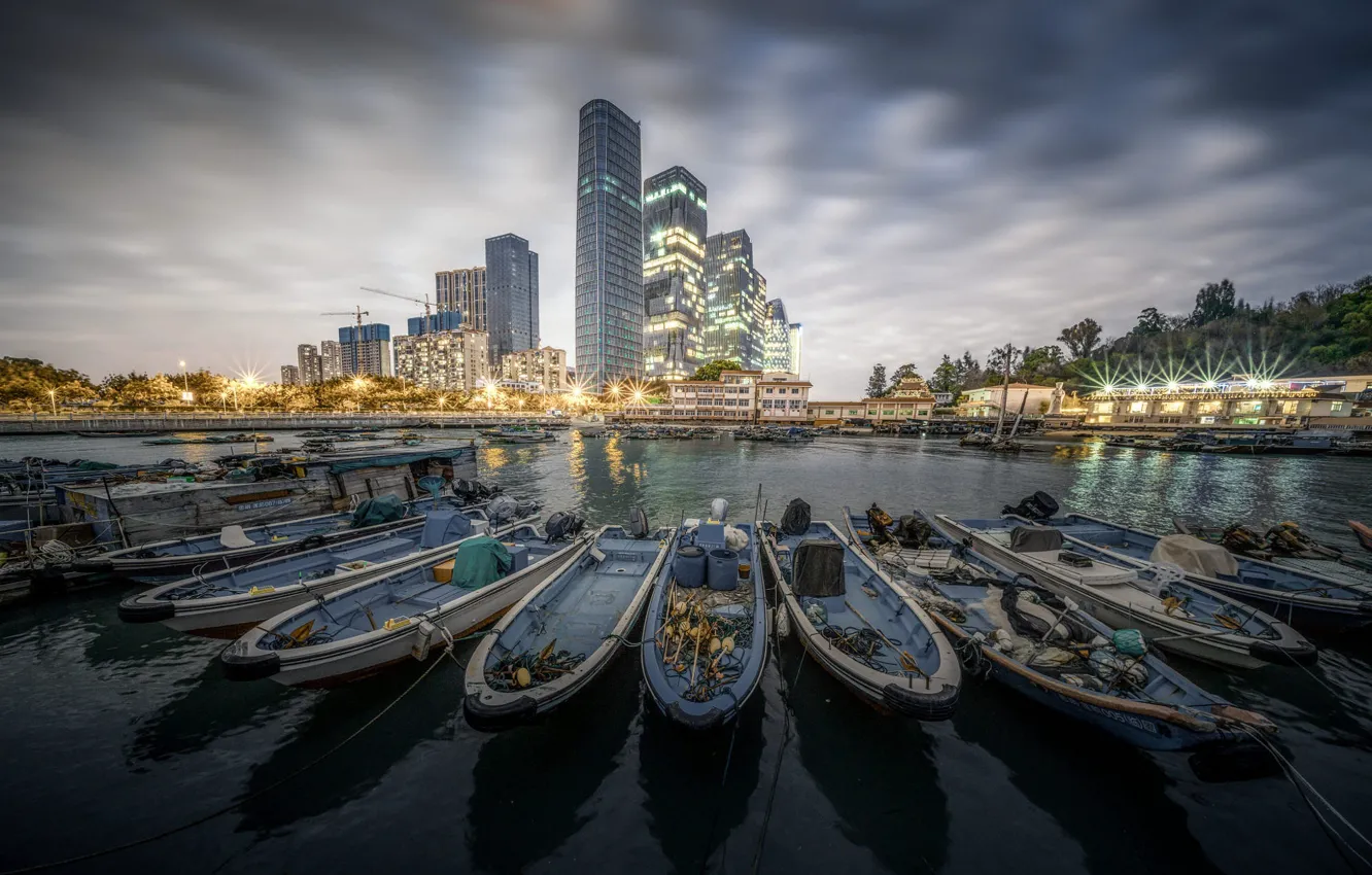 Photo wallpaper the sky, clouds, the city, lights, shore, boat, building, home