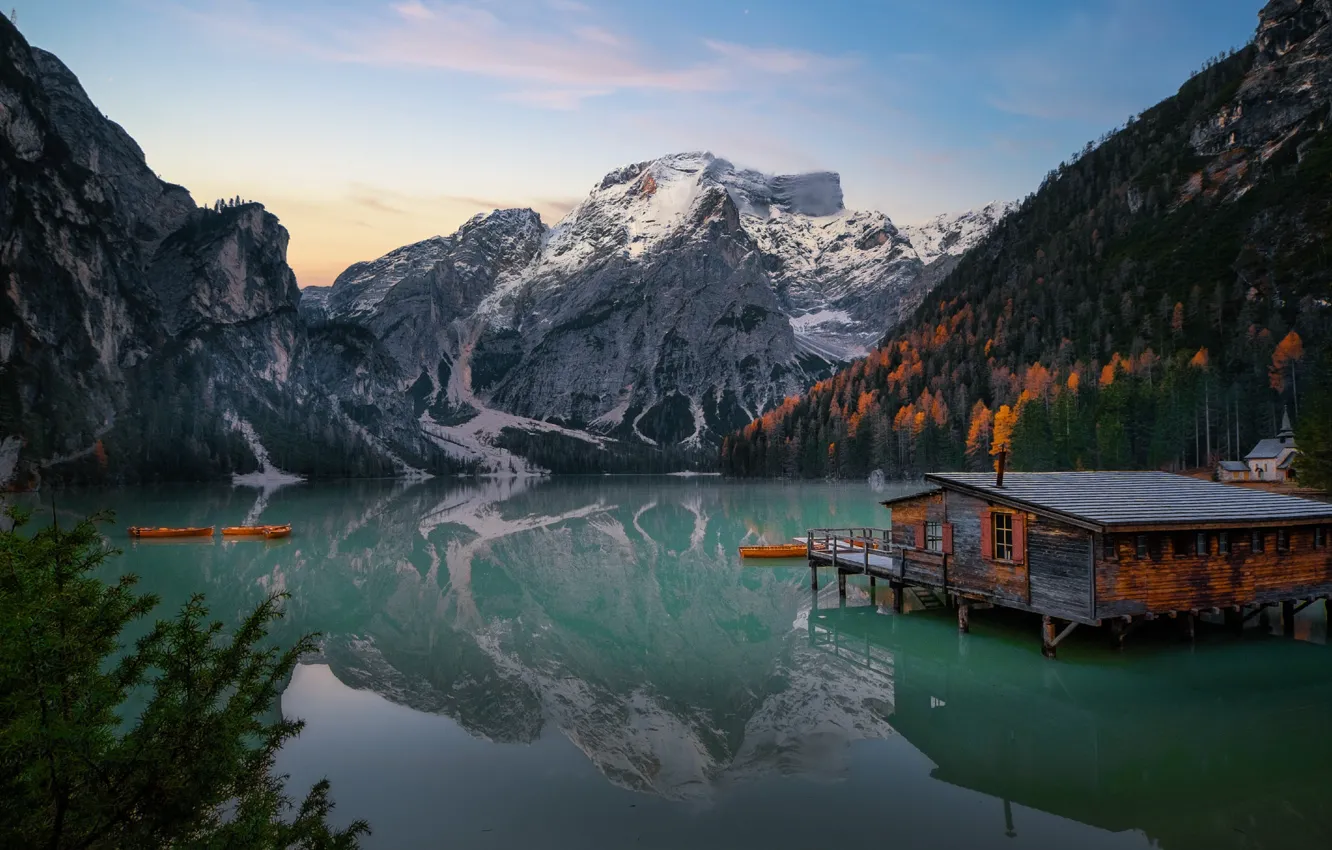 Photo wallpaper mountains, lake, Alps, fishing Lodge