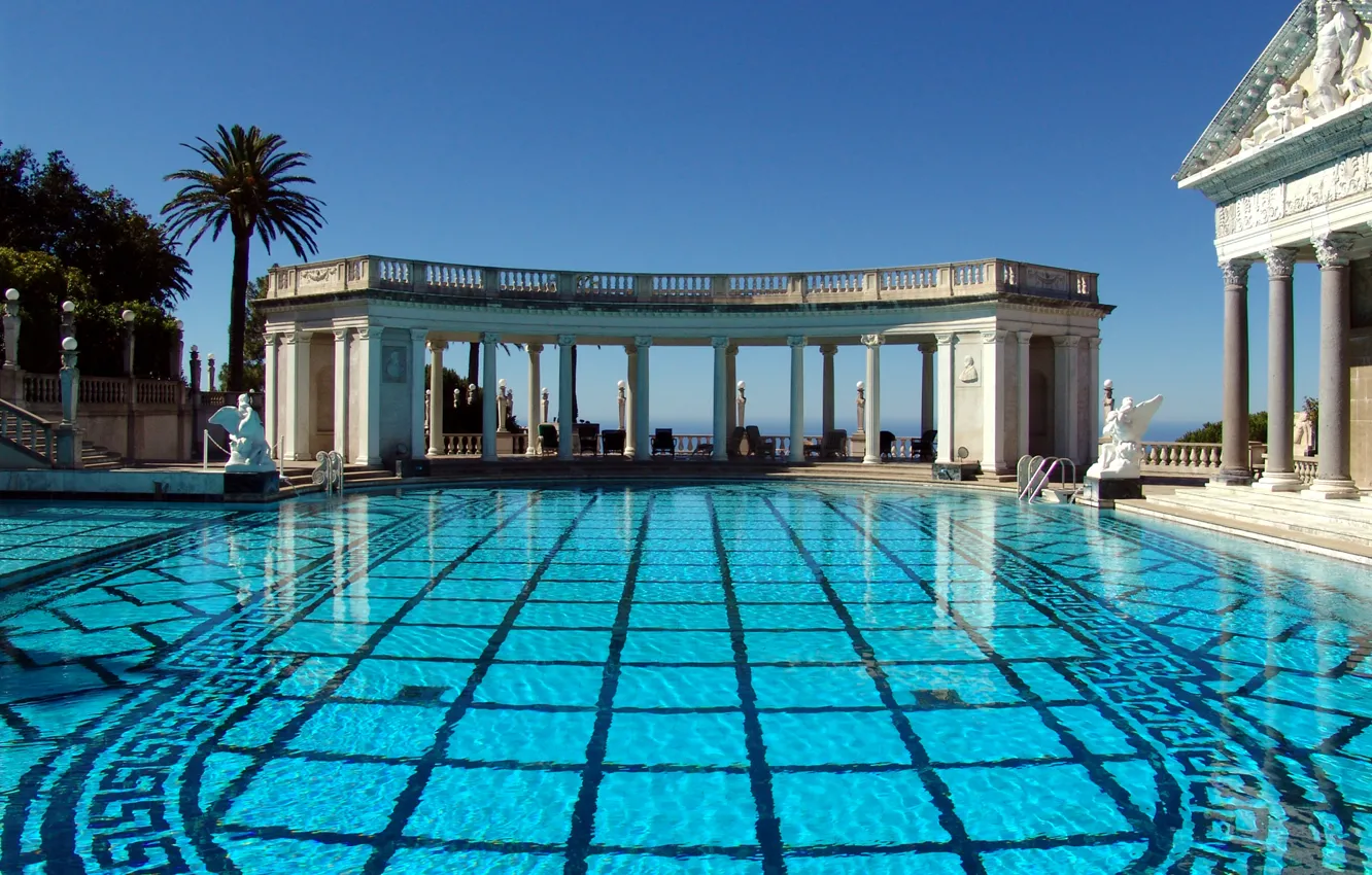 Photo wallpaper the sky, CA, columns, USA, architecture, Hearst Castle, San Simeon, the pool of Neptune