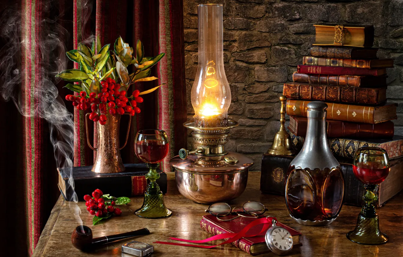 Photo wallpaper style, berries, wine, watch, glass, bottle, lamp, tube