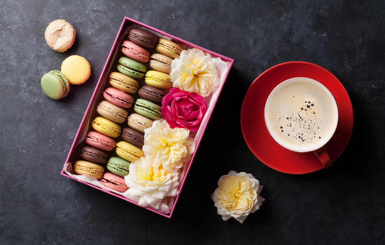 Photo wallpaper flowers, gift, wood, pink, flowers, coffee cup, macarons, a Cup of coffee