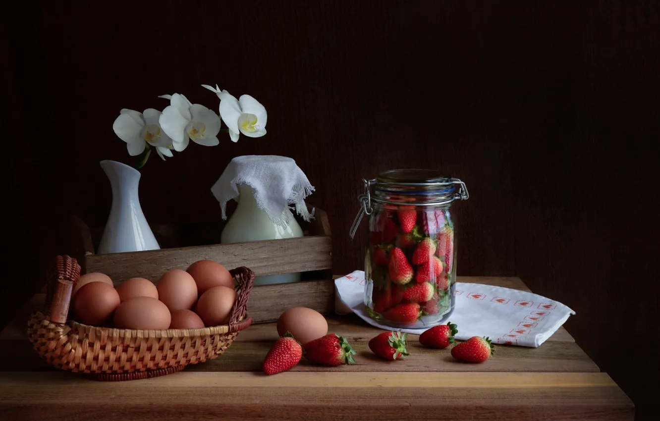 Photo wallpaper eggs, strawberry, still life, Orchid