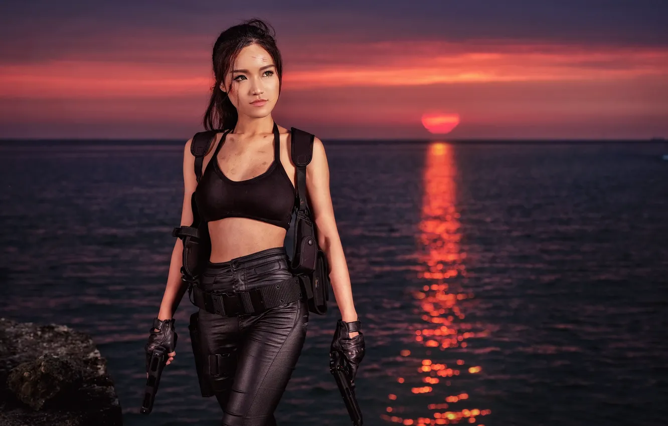 Photo wallpaper Asian, sunset, the sky, girl, sea, style, gun