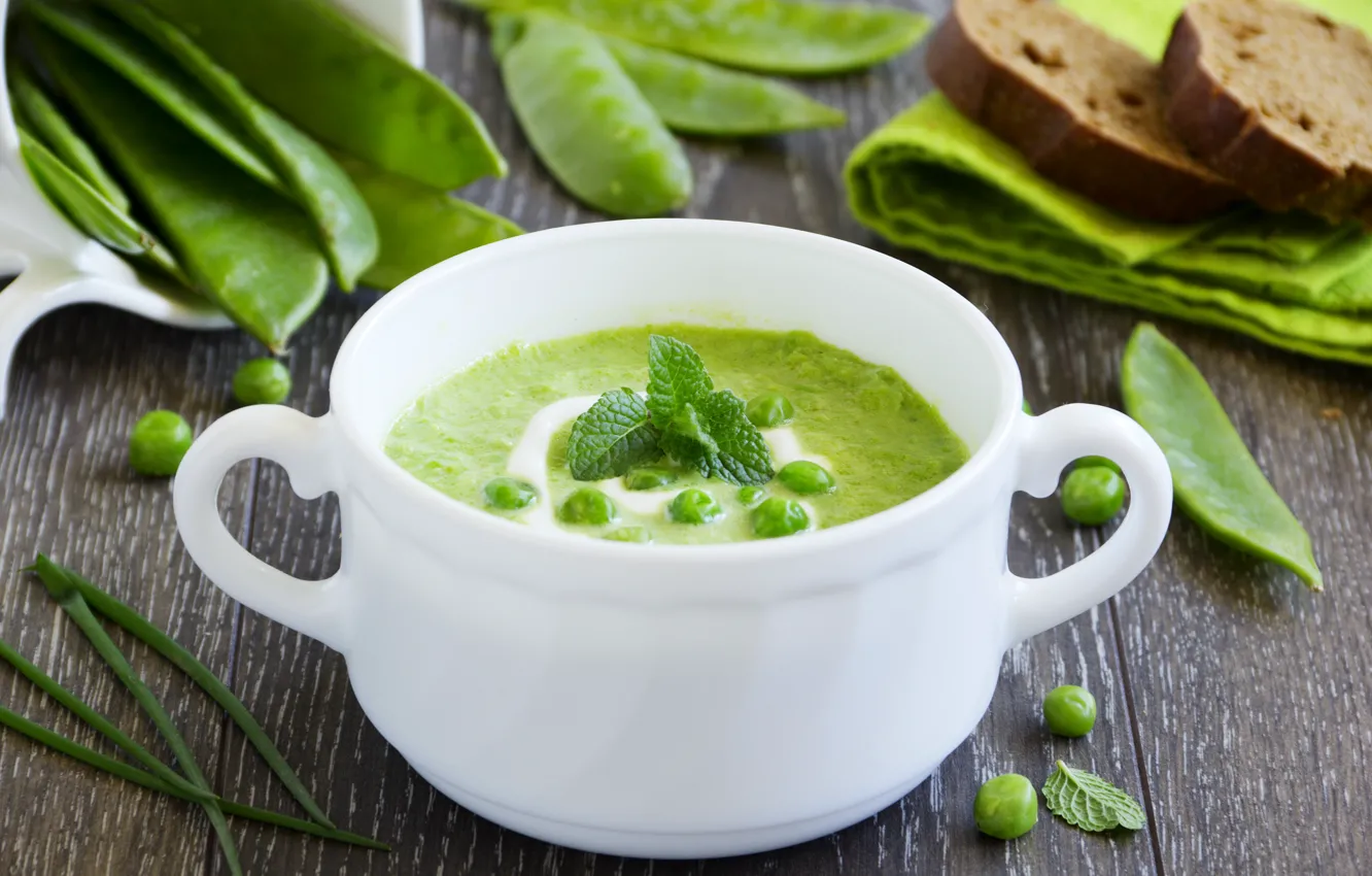 Photo wallpaper greens, peas, peas, sour cream, soup, greens, the first dish, the first dish