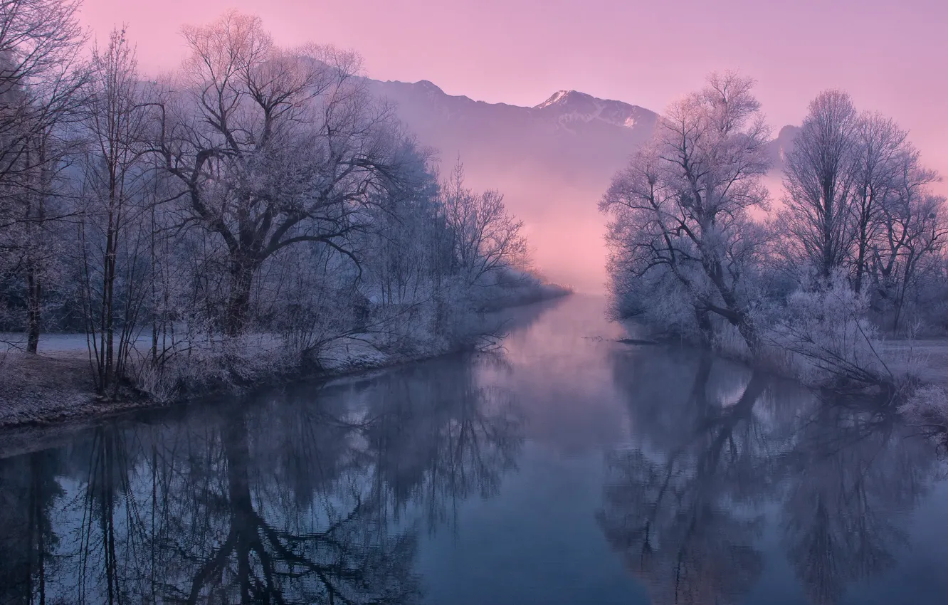 Photo wallpaper winter, frost, mountains, nature, fog, river, morning, Germany