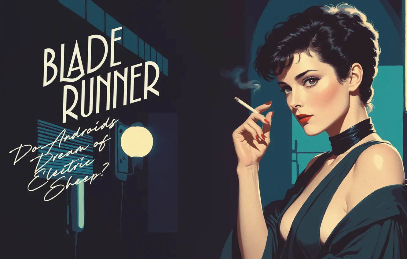 Photo wallpaper smoking, science fiction, cigarettes, Blade Runner, UltraWide, science fiction women, AI Art