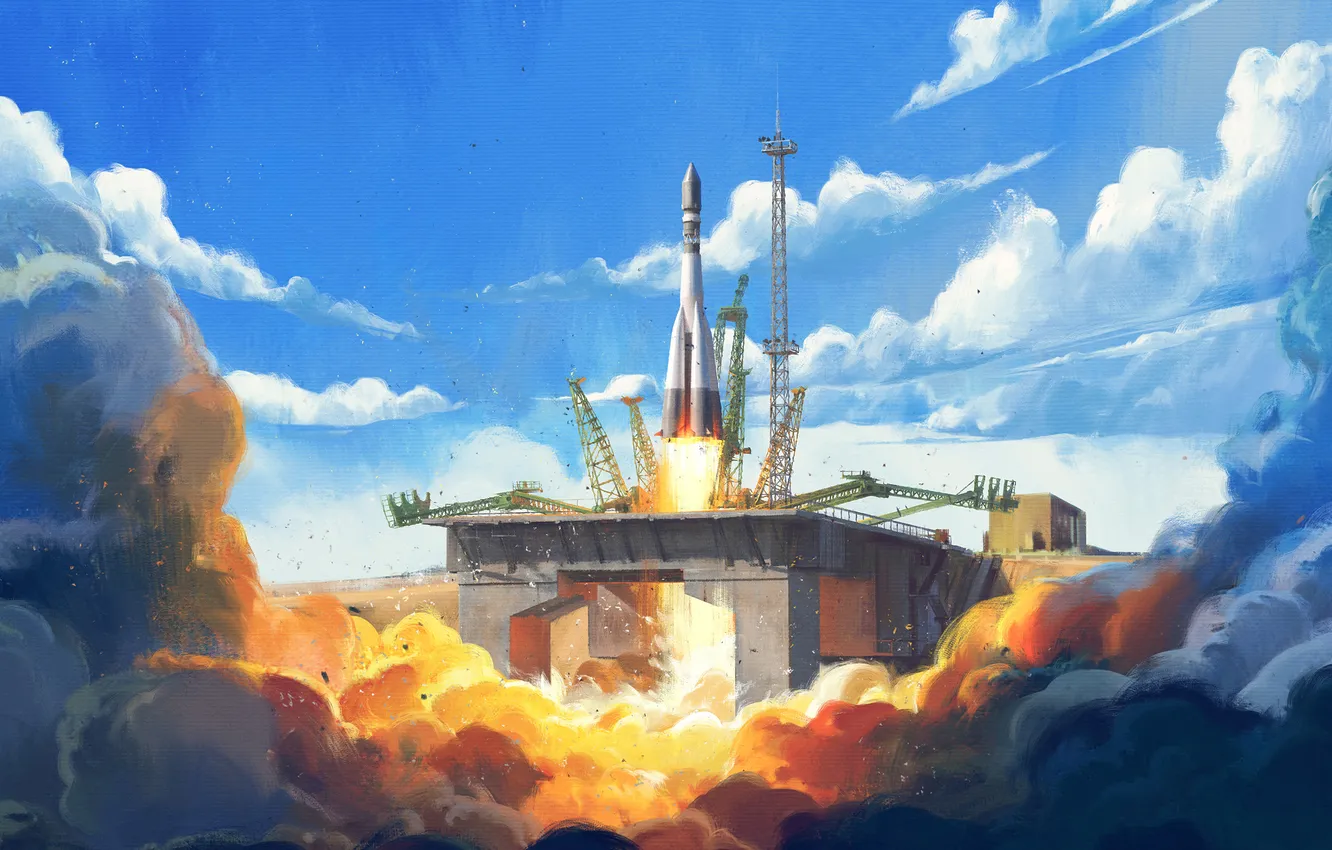 Photo wallpaper rocket, art, East, USSR, the rise, spaceship, Baikonur, Launch complex