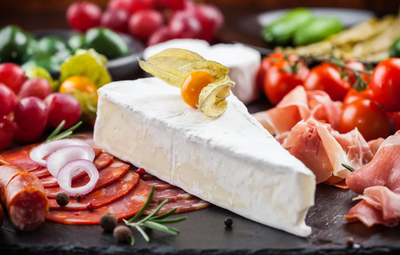 Photo wallpaper photo, food, cheese, vegetables, sausage, ham