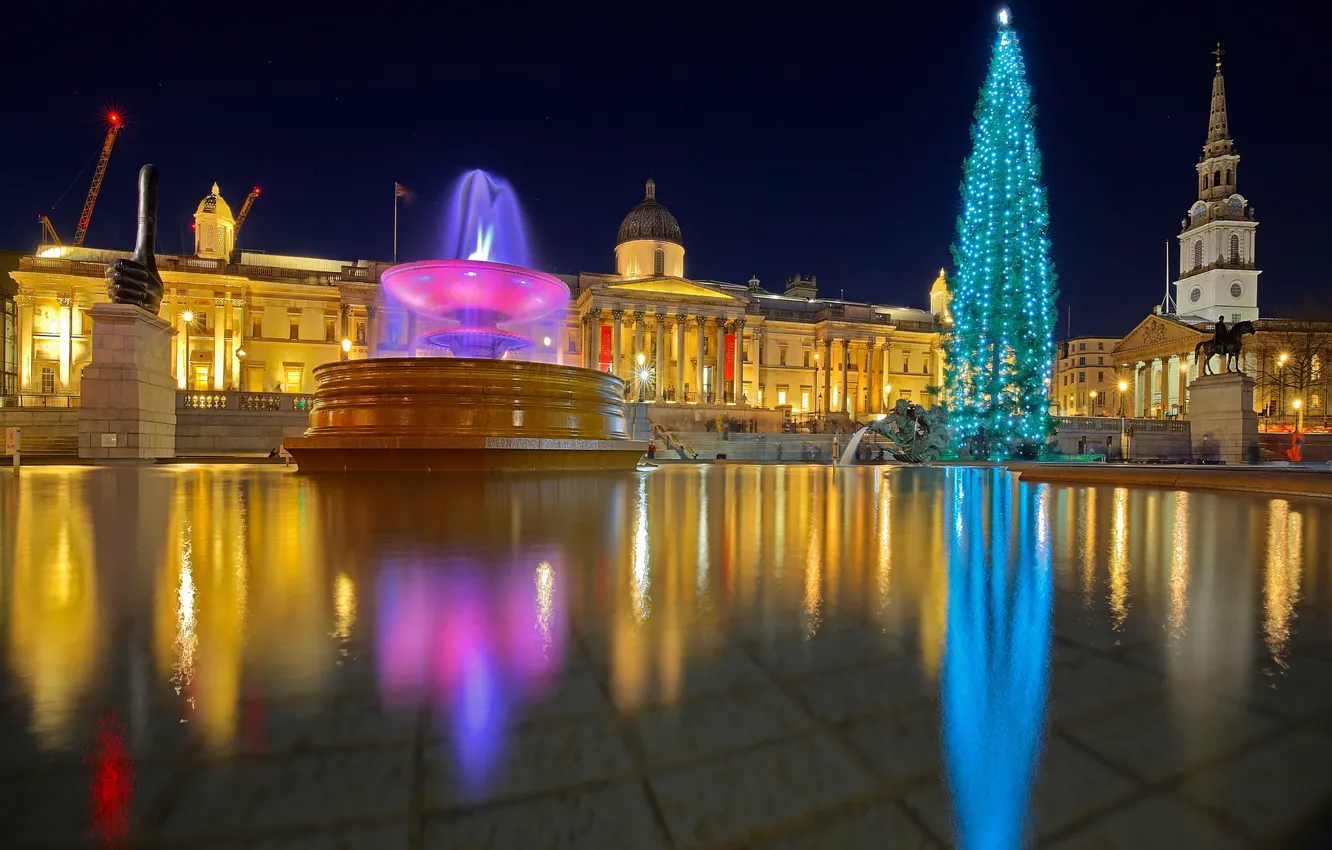Photo wallpaper lights, holiday, England, London, tree, Christmas, fountain, Trafalgar square
