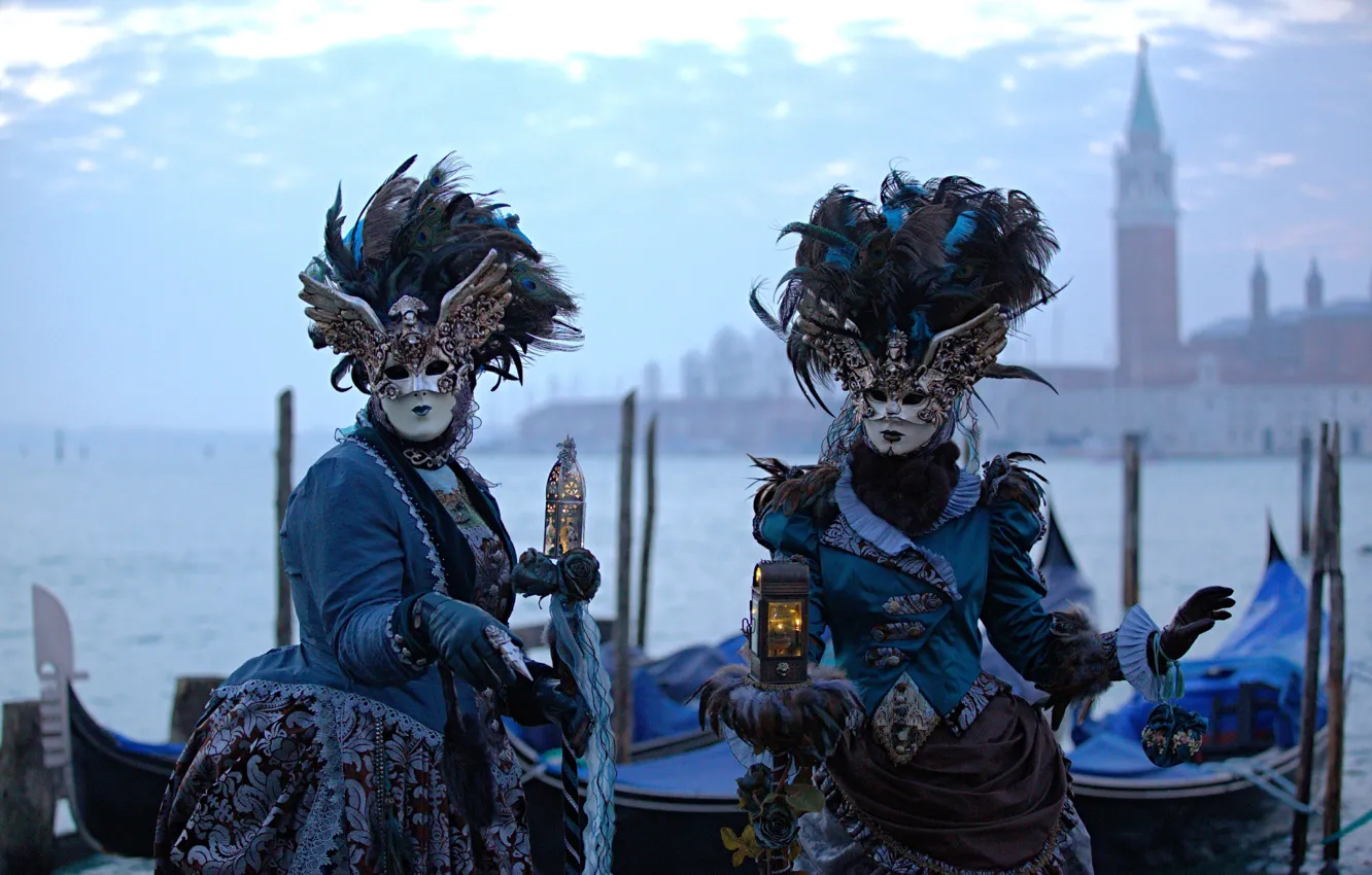 Photo wallpaper Venice, channel, carnival, mask, costumes