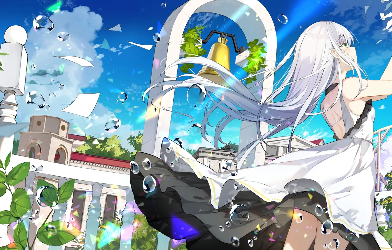 Photo wallpaper girl, flowers, the wind, sheets of paper