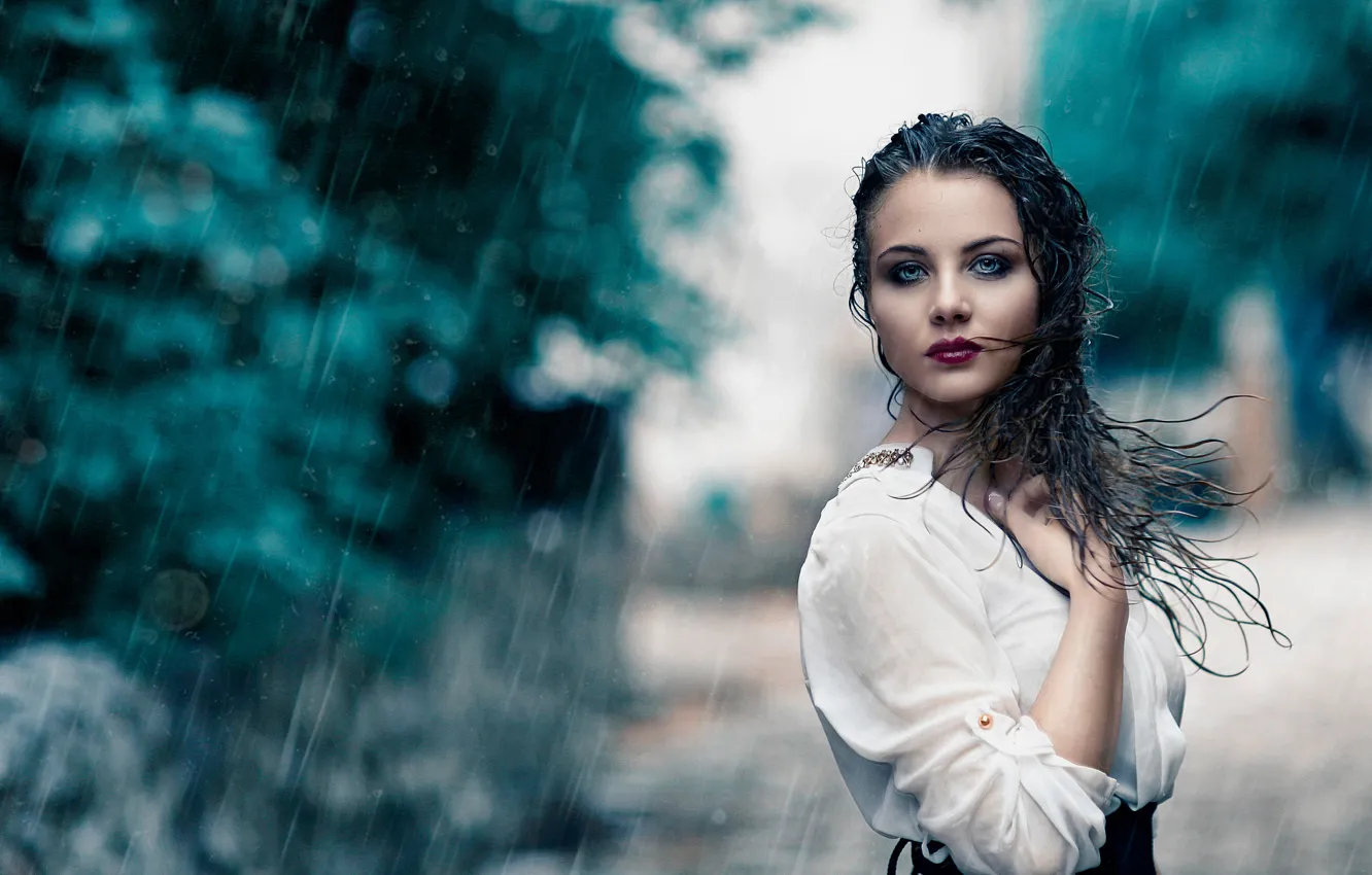 Photo wallpaper girl, rain, wet, makeup, Alessandro Di Cicco