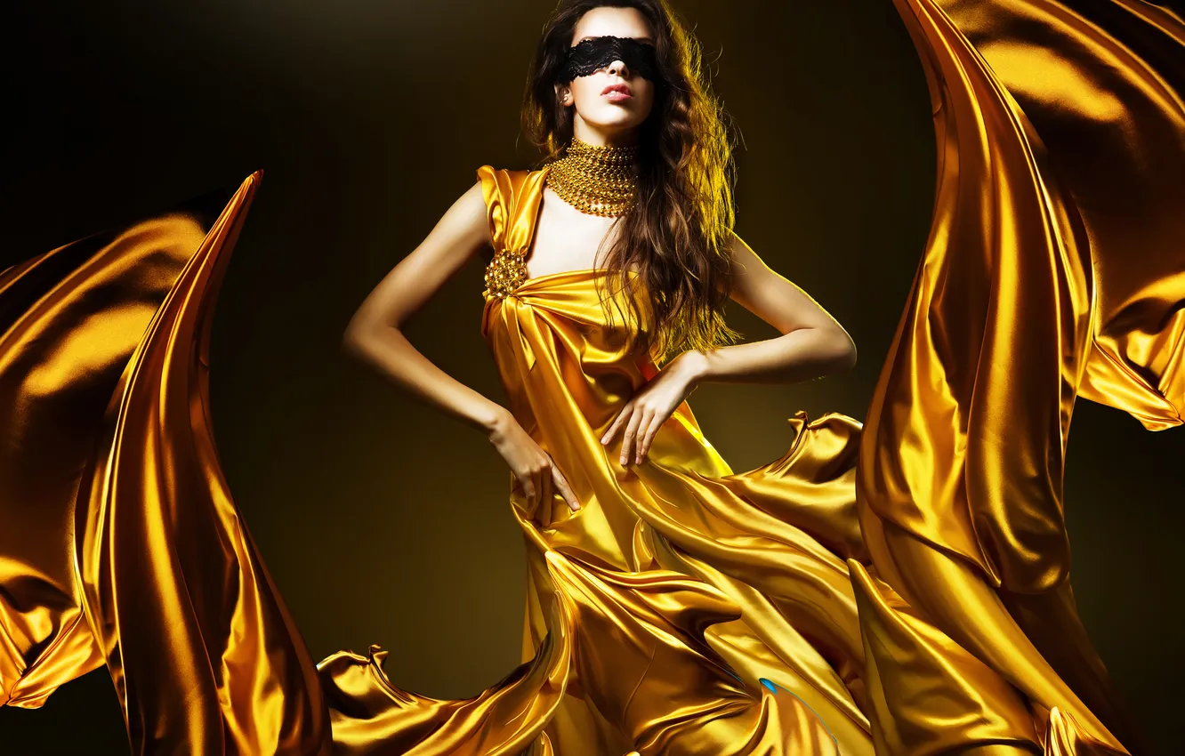 Photo wallpaper girl, necklace, dress, mask, brown hair, curls, swirls