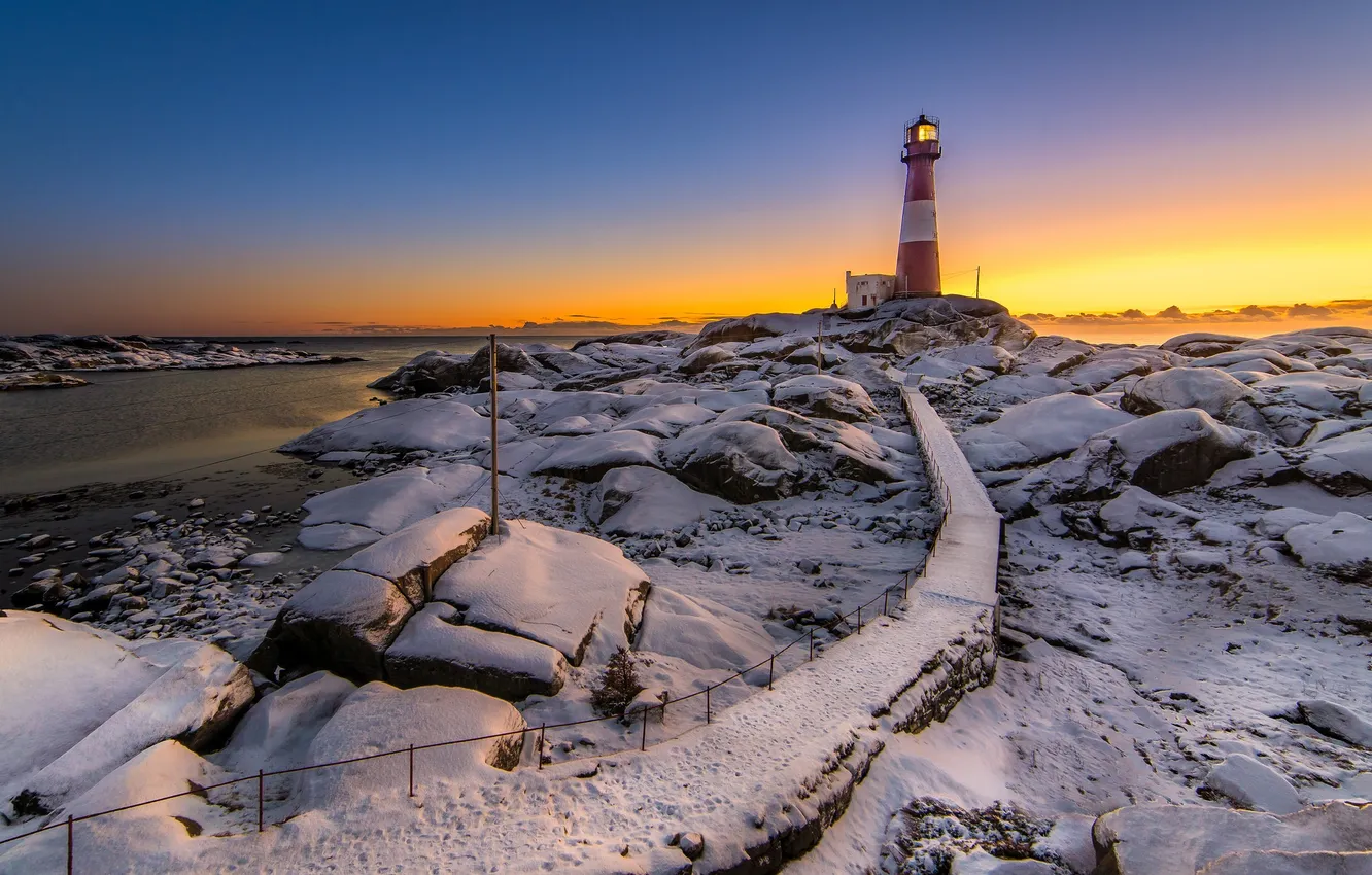 Photo wallpaper winter, sea, lighthouse
