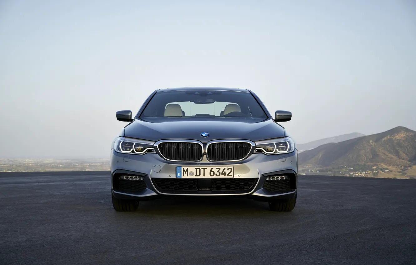 Photo wallpaper the sky, mountains, grey, BMW, sedan, front view, Playground, 540i