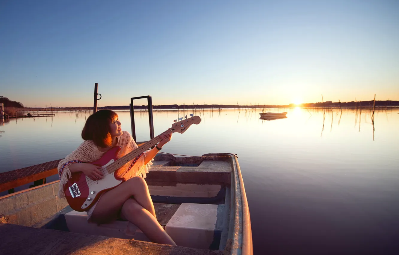 Photo wallpaper girl, lake, music, boat, guitar