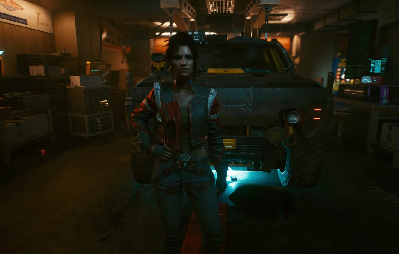Photo wallpaper machine, girl, garage, cyberpunk, Cyberpunk 2077, pan
