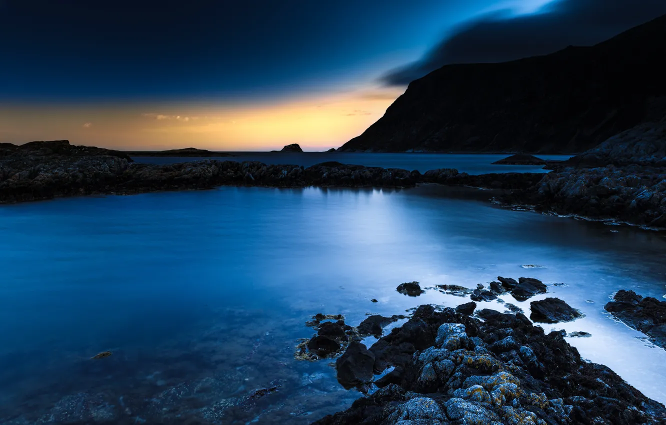 Photo wallpaper sea, mountains, night, rocks, shore, Norway, twilight, The Lofoten Islands