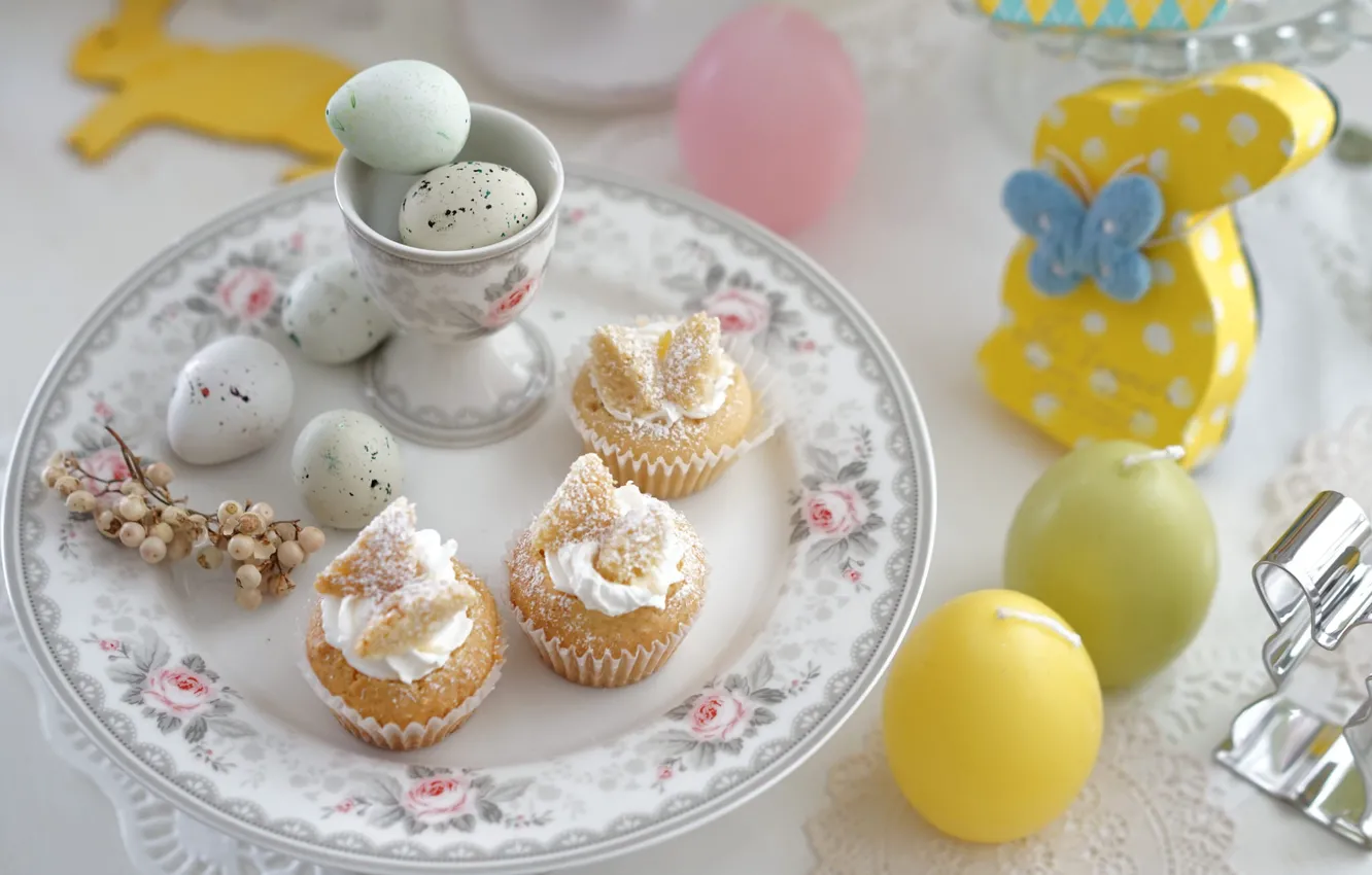 Photo wallpaper eggs, candles, Easter, cake, Bunny, serving