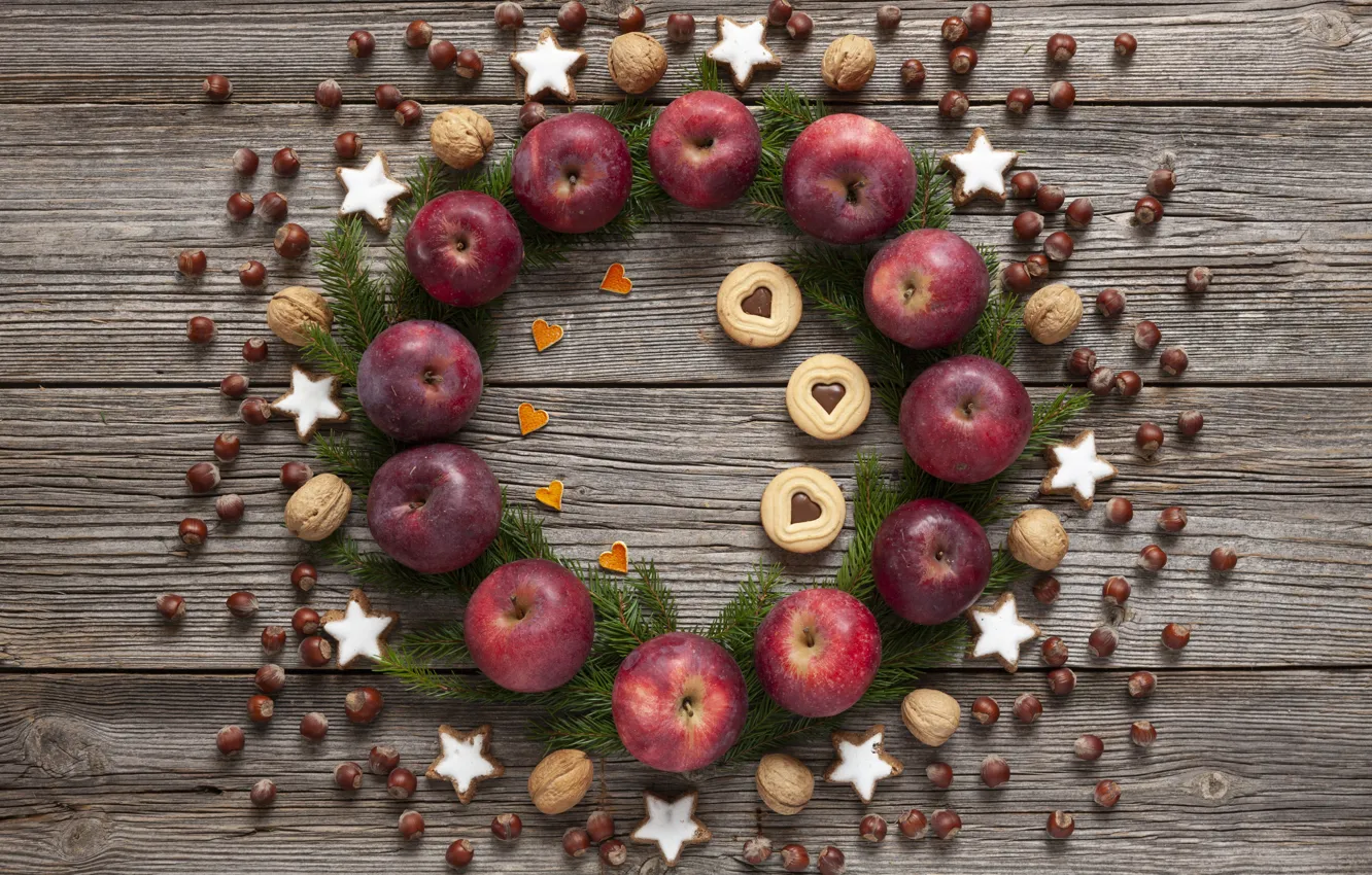 Photo wallpaper decoration, apples, cookies, Christmas, New year, christmas, nuts, new year