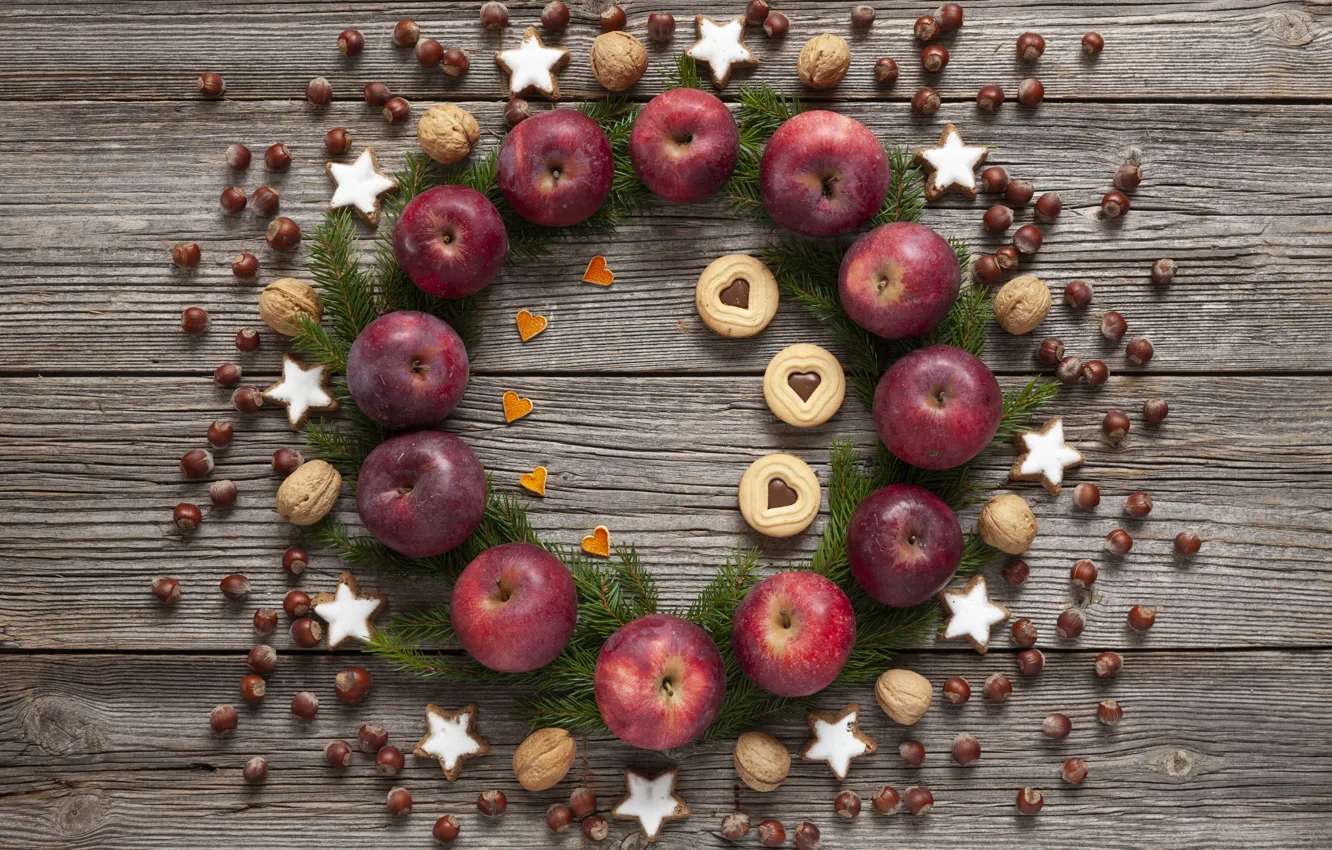 Photo wallpaper decoration, apples, new year, cookies, Christmas, nuts, Christmas, wood