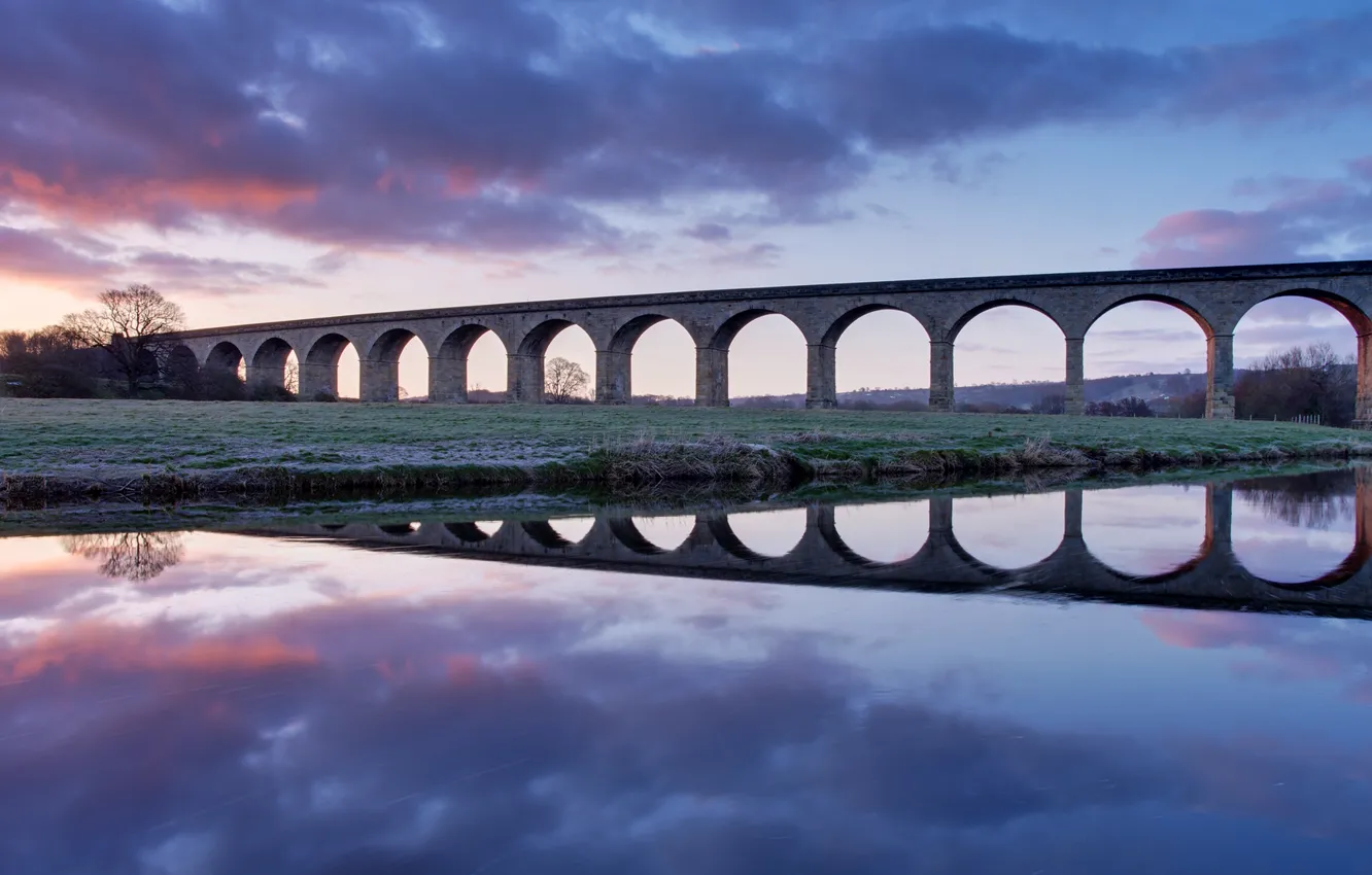 Photo wallpaper the sky, clouds, bridge, reflection, river, dawn, England, morning