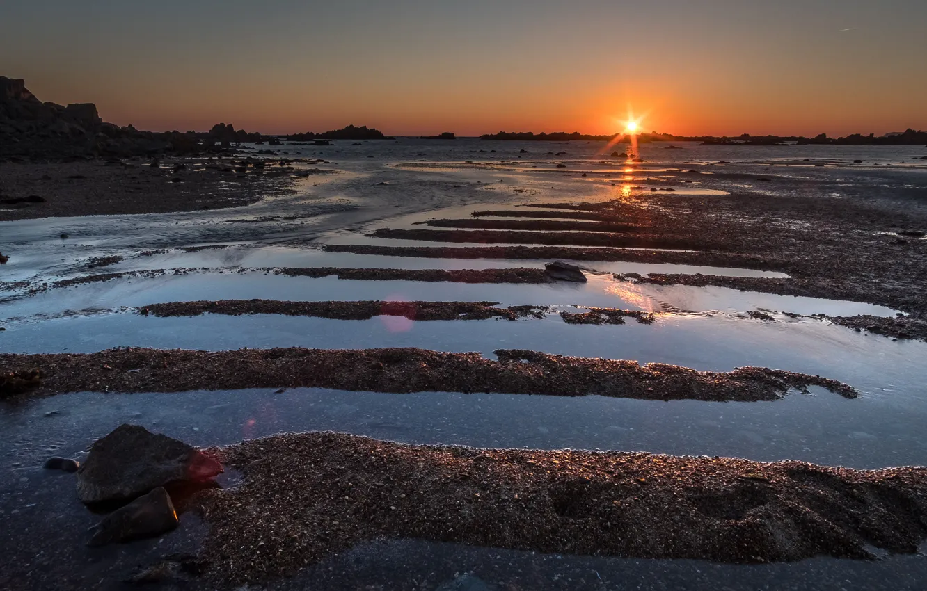 Photo wallpaper sea, the sky, the sun, rays, landscape, sunset, nature, pebbles