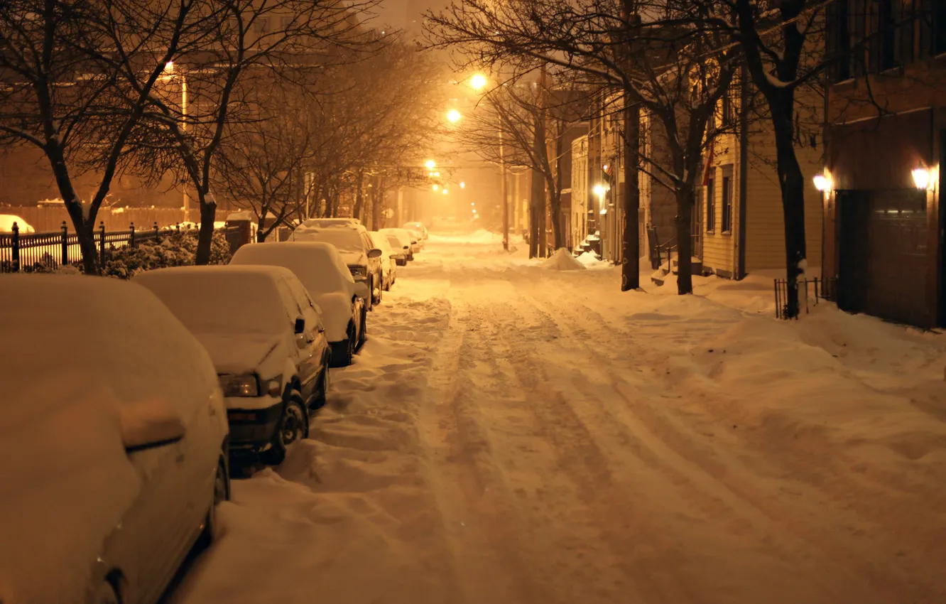 Photo wallpaper winter, snow, night, New York, USA, night, New York, winter