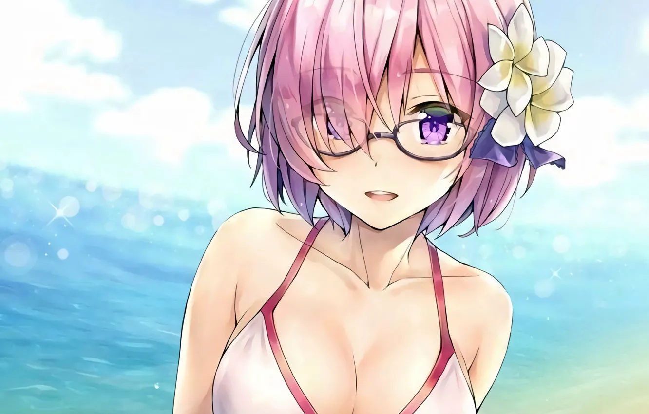 Photo wallpaper girl, sexy, cleavage, beach, pink hair, sea, boobs, anime