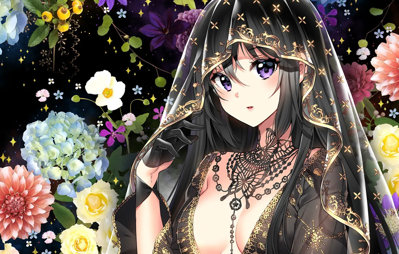 Photo wallpaper look, face, roses, necklace, sorceress, glove, embroidery, hydrangea