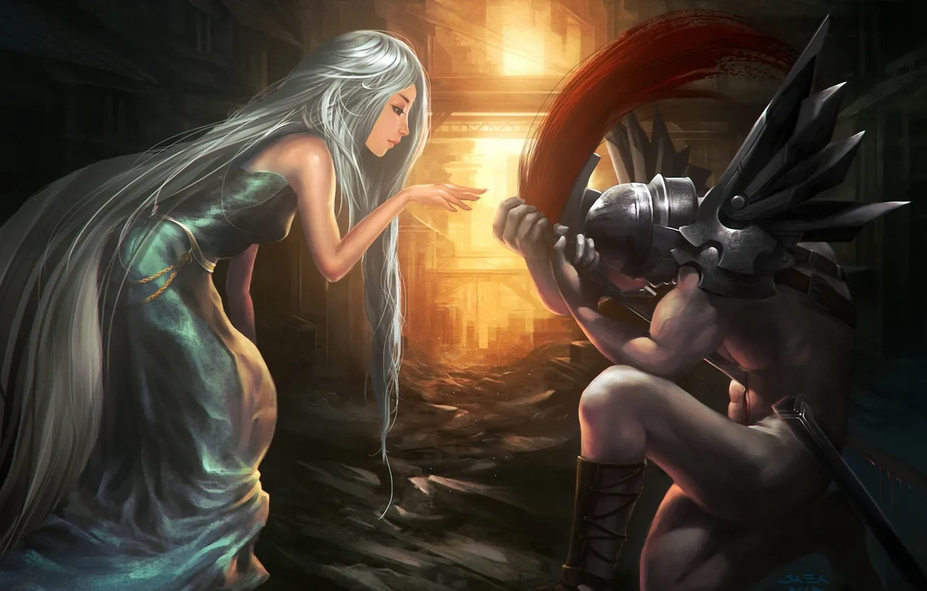 Photo wallpaper girl, blood, sword, warrior, art, guy, Sheh