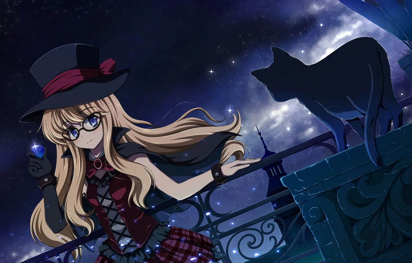 Photo wallpaper cat, night, the city, stones, hat, art, glasses, girl