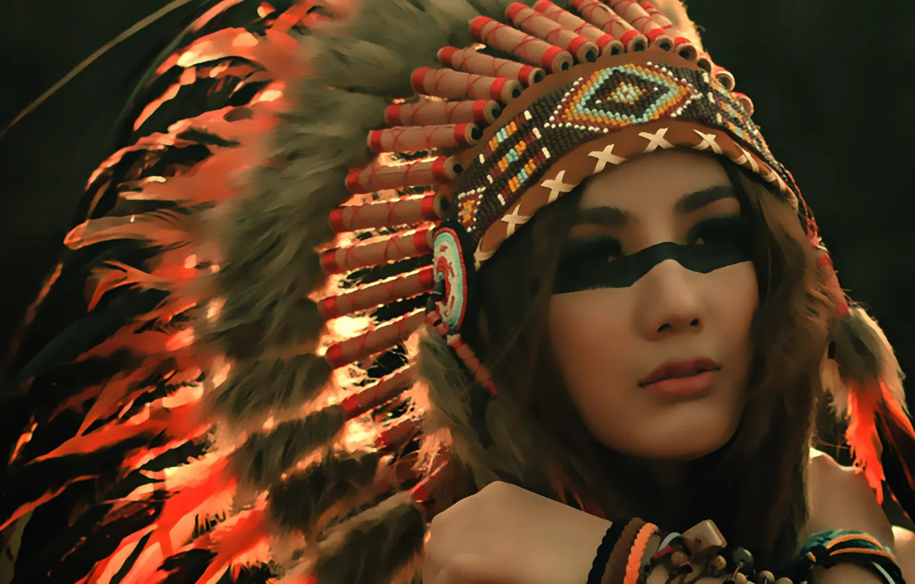 Photo wallpaper look, girl, face, style, feathers, paint, headdress