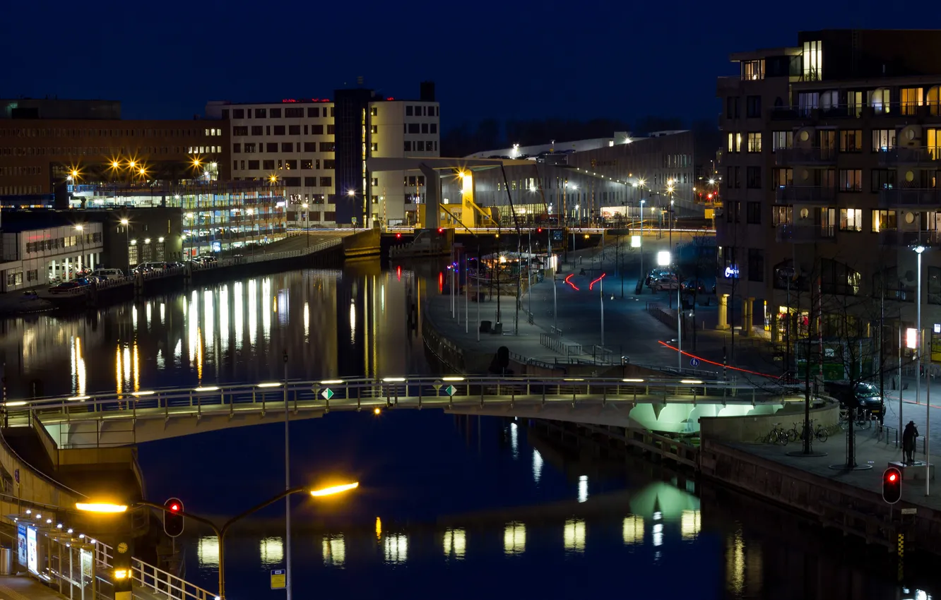 Photo wallpaper night, bridge, the city, river, photo, home, Netherlands, Alkmaar
